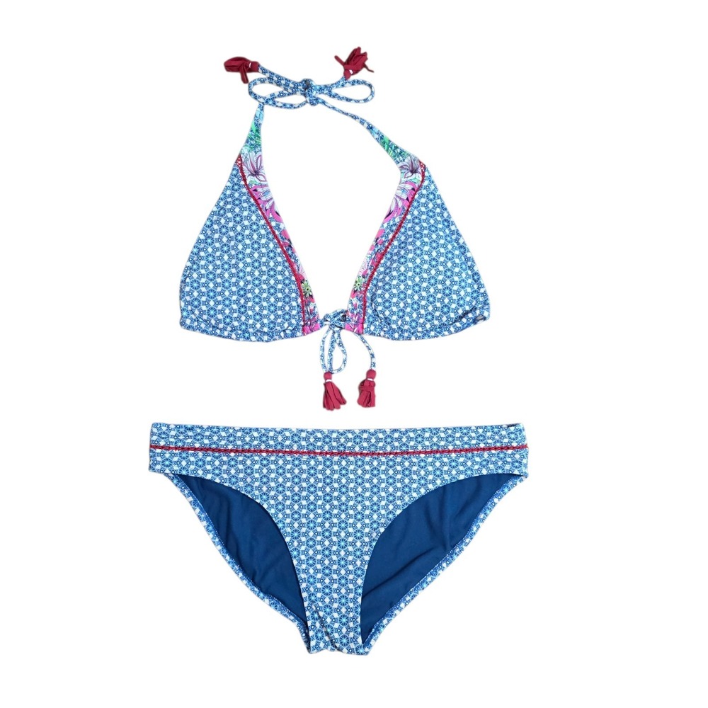 Johnny Was Bikini Set Blue Floral Tassel Boho Swim Top L Bottom M